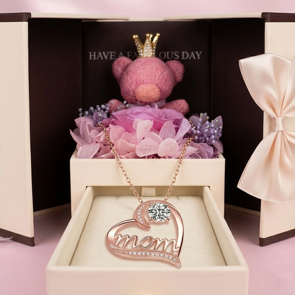 Collar “Mom” con Caja Regalo Premium y Osito – Regalo para Mamá